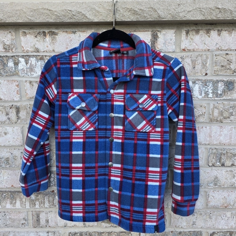 Quiksilver Youth Fleece Plaid Shirt Jacket Small (7/8) Blue Red Gray
